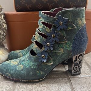Floral Heeled Boots with Blue and Green Accents
